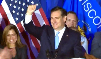 Cruz giving victory speech after winning Wisconsin