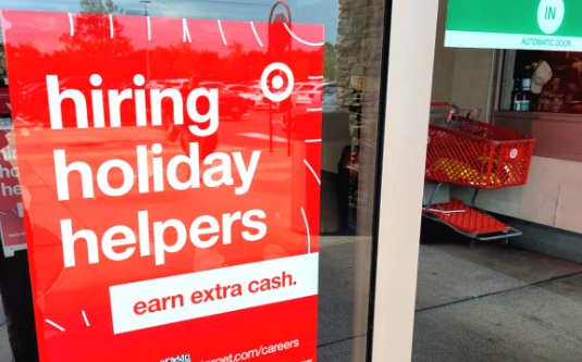 Photo of hiring sign at the entrance to a Target retail store