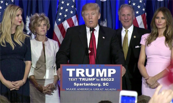 Donald Trump giving victory speech after winning in South Carolina
