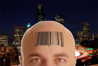 cable customer with barcode on forehead
