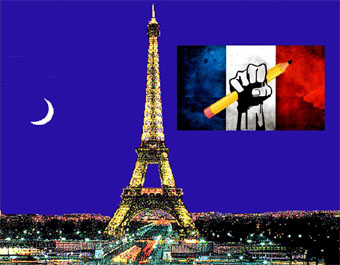 Eiffel tower background with French flag with fist holding pencil