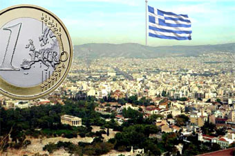 Euro coin & Greek flag with Athens in the background