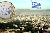 Euro coin & Greek flag with Athens in the background