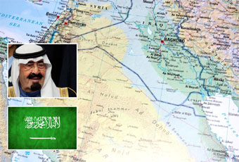 Saudi Arabia map, flag and leader
