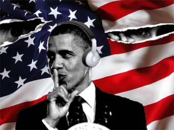 obama shhh-ing with flag background - art by Rob Shields